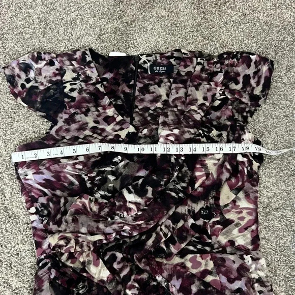 GUESS DRESS  PRINT STRAIGHT V NECK CAP SLEEVES PURPLE TAN AND  BLACK SIZE 12 XL - Picture 6 of 12
